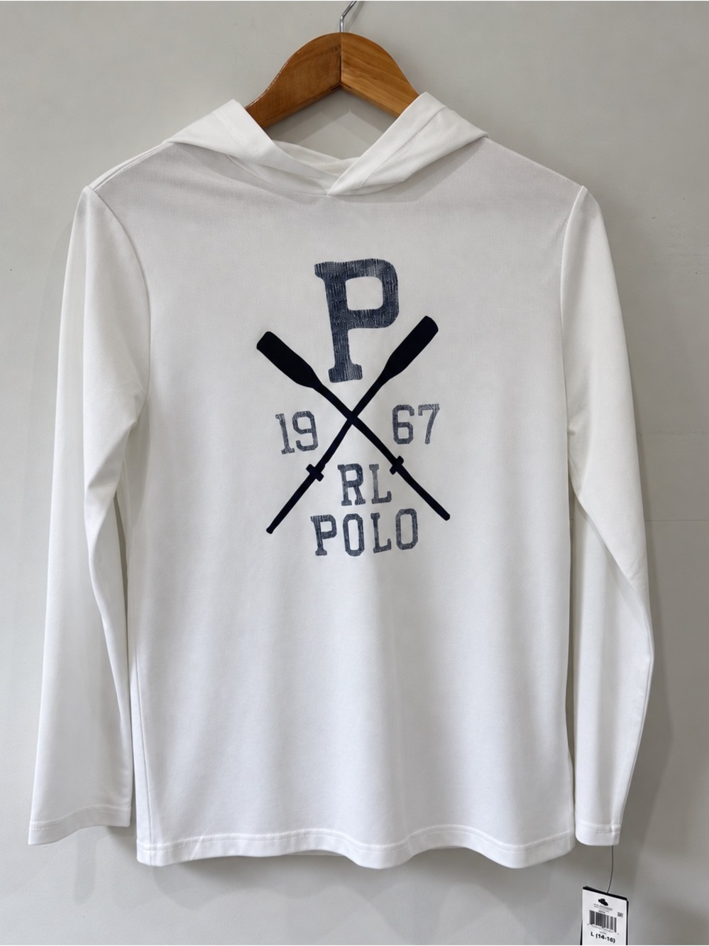 Polo by Ralph Lauren White Hooded Long Sleeve Tee with Navy Oar Graphic